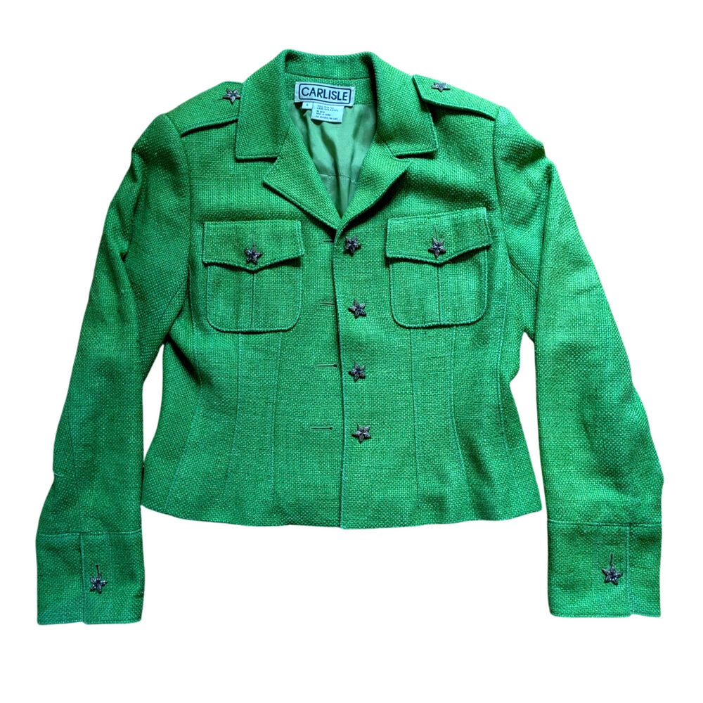 Vintage 100% SILK Carlisle Lime Green Funky Blazer Star Buttons Sz 4